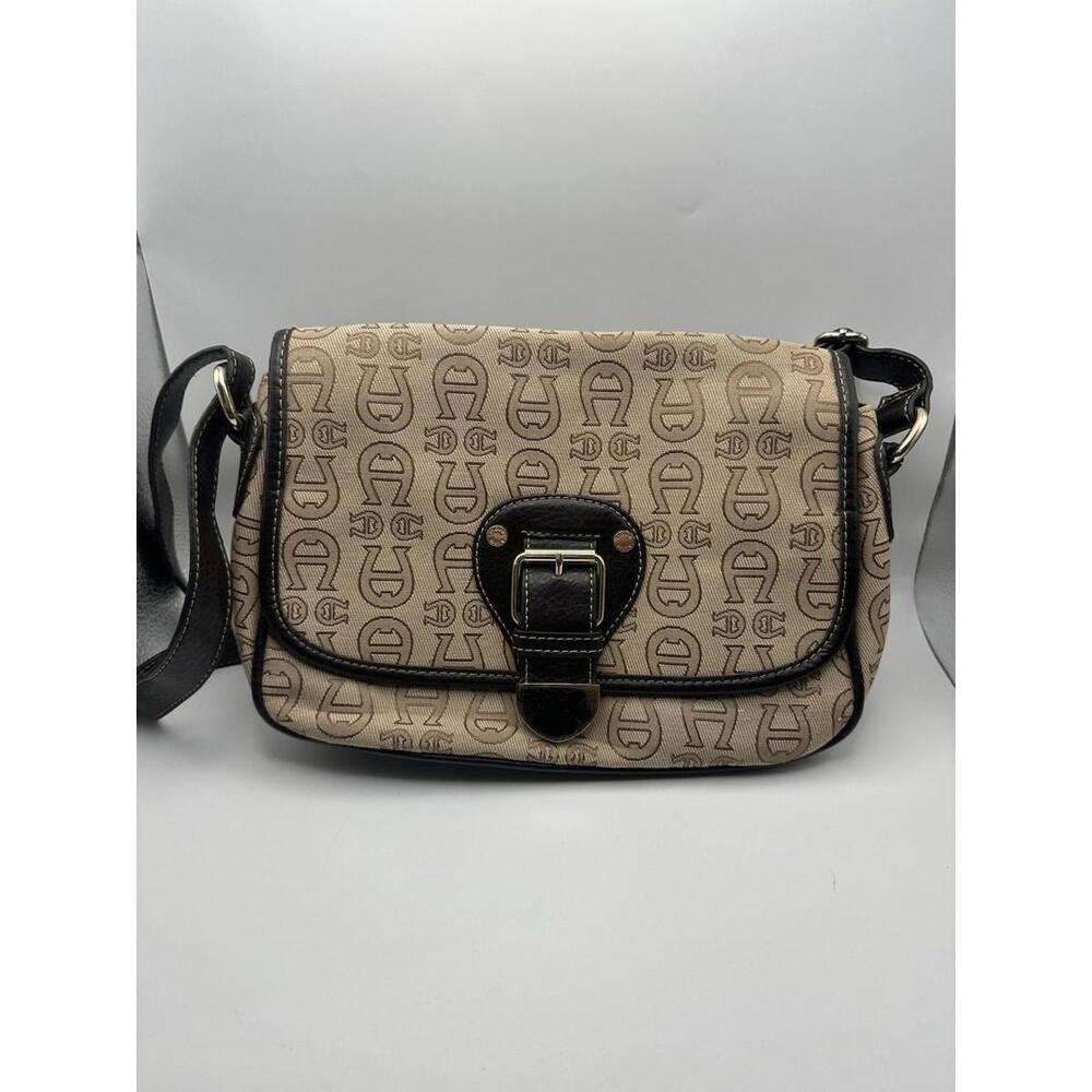 Etienne Aigner Signature Leather & Canvas Messenger Crossbody Purse Tan/Brown